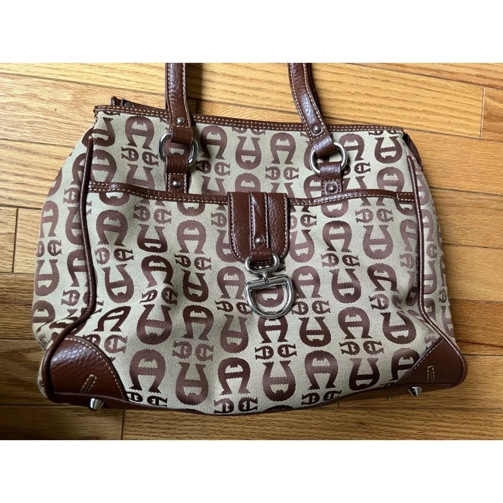 Etienne‎ Aigner Monogram Canvas Shoulder Bag Brown Leather Trim Equestrian